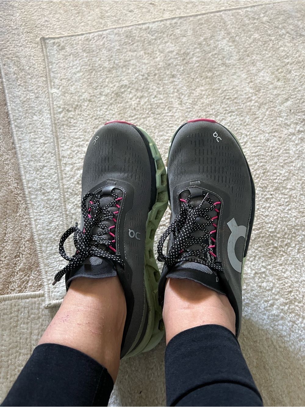On Cloud Monster Running Athletic Shoes — Gray with Green and Pink Accents